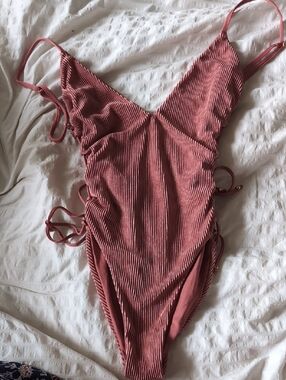 Blue Life Ribbed Rose Pink One-Piece Swimsuit with Side Tie Details